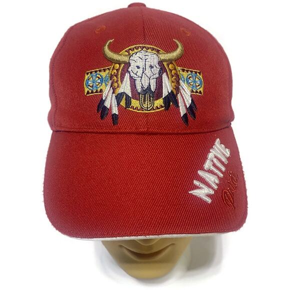 American Indian Native Pride Ball Cap Red Buffalo Skull Embroidered Adjustable - Picture 8 of 8